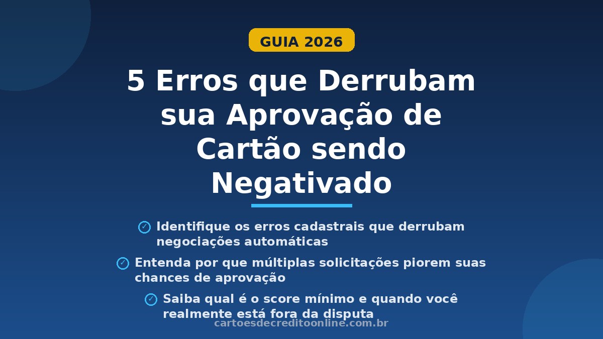 Descubra os 5 erros que mais causam negativas de cartão para negativado. Dados cadastrais errados, múltiplas solicitações e mais.